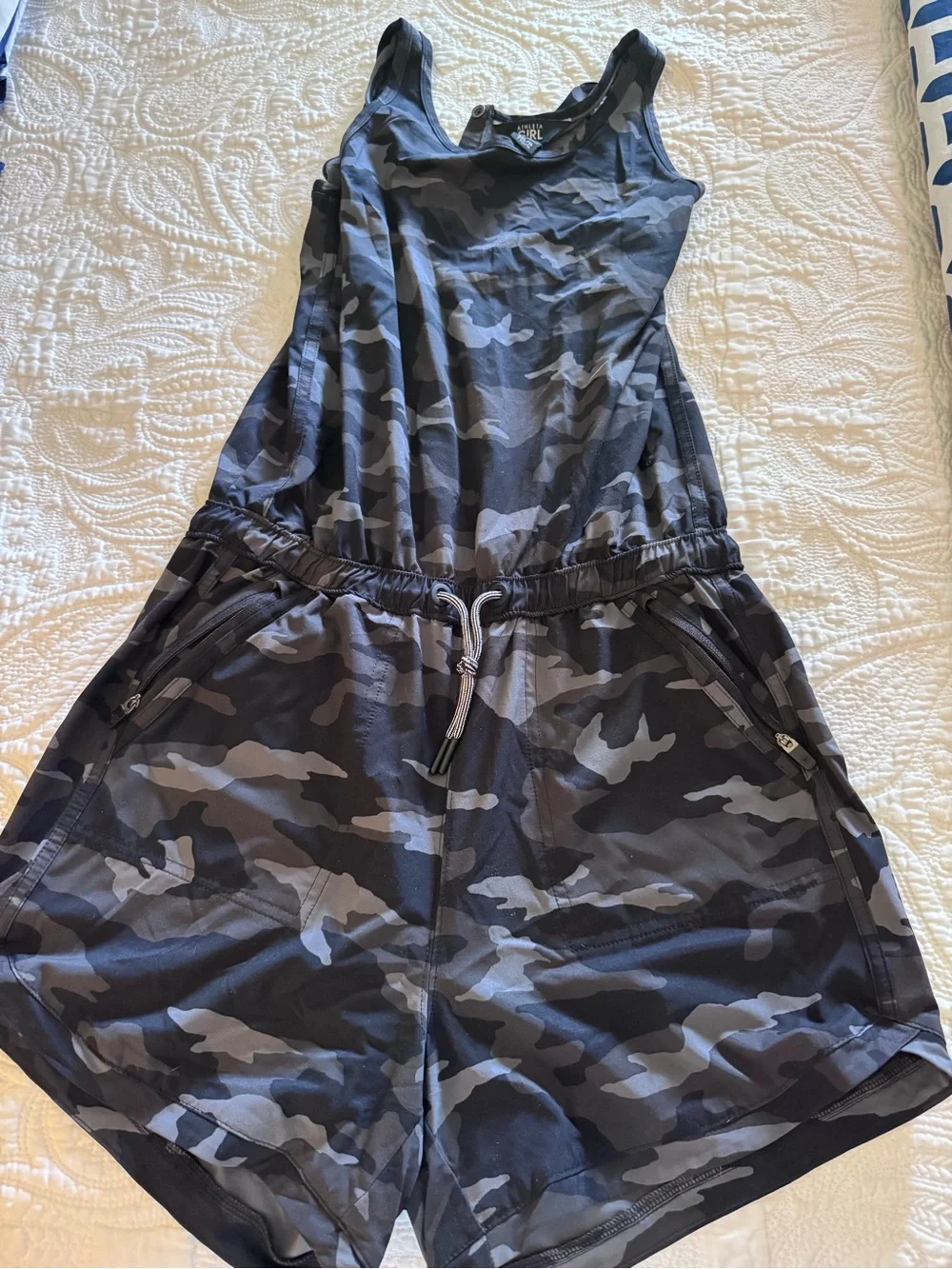 Athleta Girl Black and Charcoal Camo Romper